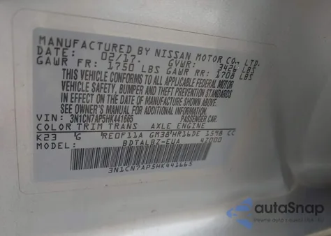 2017 Nissan Versa 1.6 Sv from USA, damaged, VIN 3N1CN7AP5HK441665